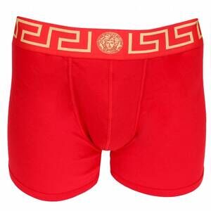 NEW VERSACE men's long trunk with greca border in red/gold